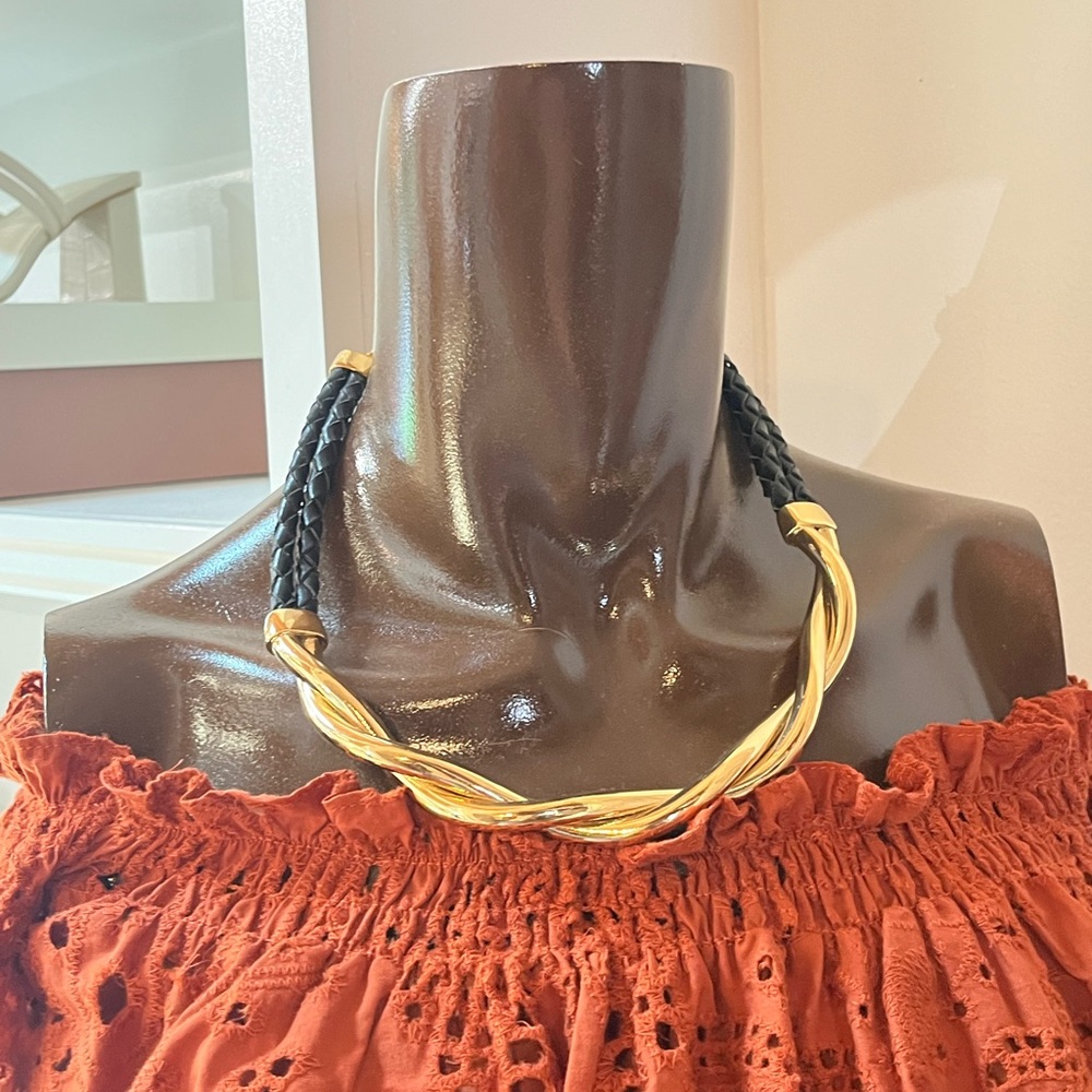 J. Crew Gold & Faux Leather Braided Short Retro Necklace, EUC